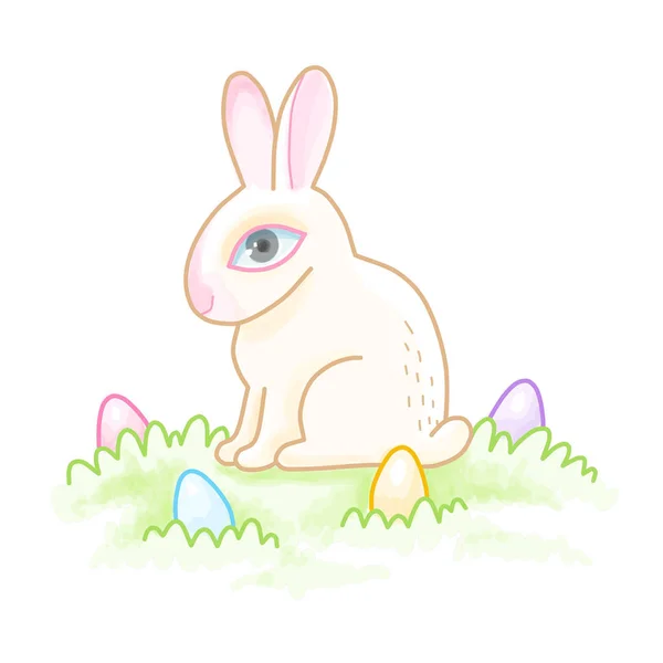 Cute White Bunny Color Eggs Grass Watercolor Style Cartoon Character — Stock Vector