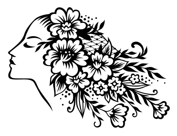 Cabeza Estilizada Joven Hermosa Chica Con Pelo Floral Ilustración Negra — Vector de stock