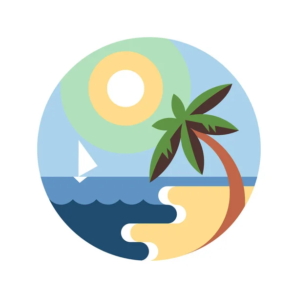 熱帯のビーチと円形ラベルの青い海 白い背景に分離されたフラット スタイルの図 — ストックベクタ