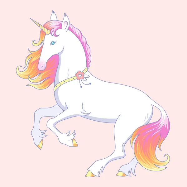 Elegante Unicorno Bianco Poggia Sulle Zampe Posteriori Unicorno Criniera Rosa — Vettoriale Stock