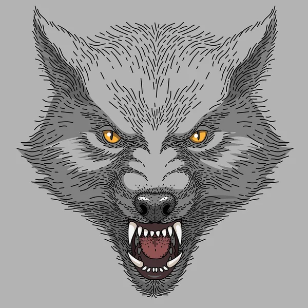 Tête Loup Rugissant Colère Illustration Colorée Sur Fond Gris — Image vectorielle