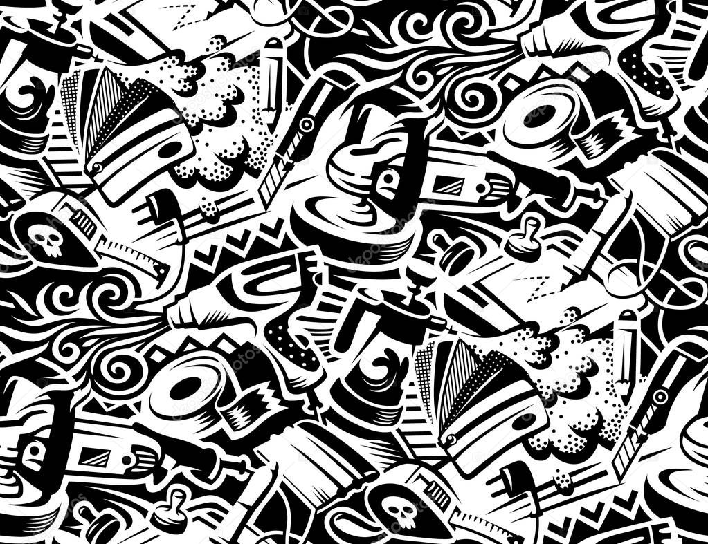 Tools for vinyl film pasting of car. Graffity style illustration. Seamless pattern for your desig
