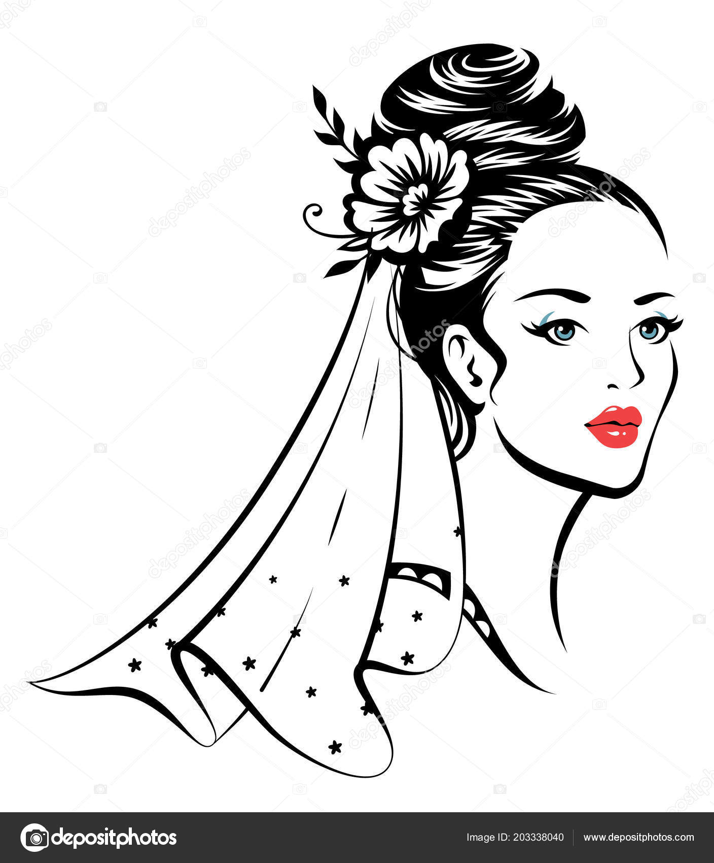 Download Portrait Young Beautiful Bride Elegant Hairdress Bridal Veil Black Illustration — Stock Vector ...