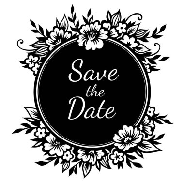 Stilize siyah çiçekler ve twigs romantik yuvarlak çerçeveli. Düğün tasarım, dekorasyon ve scrapbooking için şablon. Tek renkli siyah illüstrasyon izole Whit üzerinde