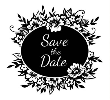 Stilize siyah çiçekler ve twigs romantik oval çerçeveli. Düğün tasarım, dekorasyon ve scrapbooking için şablon. Tek renkli siyah illüstrasyon izole Whit üzerinde