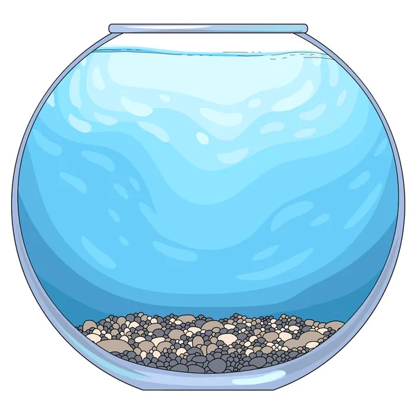 Yuvarlak cam akvaryum ile çakıl zemin ve masmavi bir deniz. Beyaz adam izole boş şablon tasarım ve kolajlar, vektör çizim,