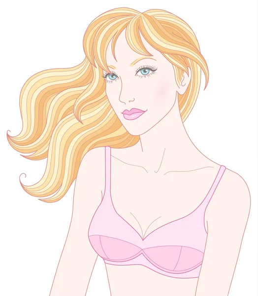 Ritratto Giovane Bella Donna Reggiseno Rosa Capelli Biondi Svolazzanti Illustrazione — Vettoriale Stock