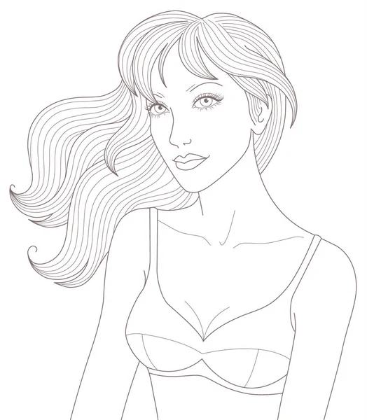 Portrait Young Beautiful Woman Pink Bra Fluttering Hair Monochrome Cartoon — Stock Vector