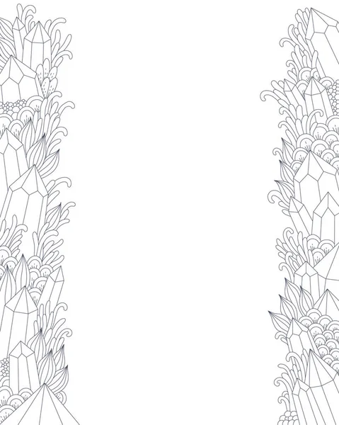 結晶と幻想的な植物の垂直方向の罫線 イラスト 白黒グレーの孤立した白い背景を落書き Illus — ストックベクタ