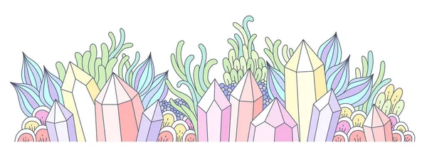 Composición Horizontal Con Cristales Multicolores Plantas Fantásticas Ilustración Estilo Doodle — Vector de stock