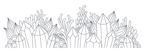 Composition Horizontale Avec Cristaux Plantes Fantastiques Illustration Style Caniche Gris — Image vectorielle