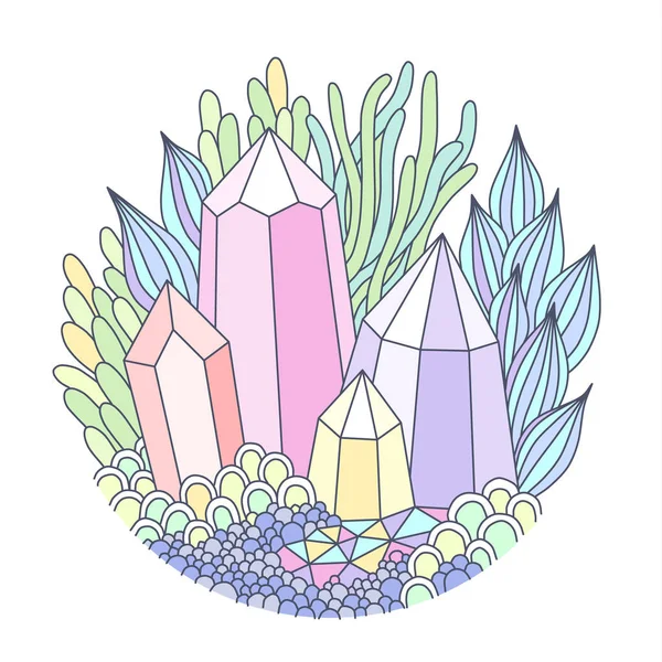 多色の結晶と幻想的な植物の丸いエンブレム 落書きイラスト白背景がある上に分離 — ストックベクタ