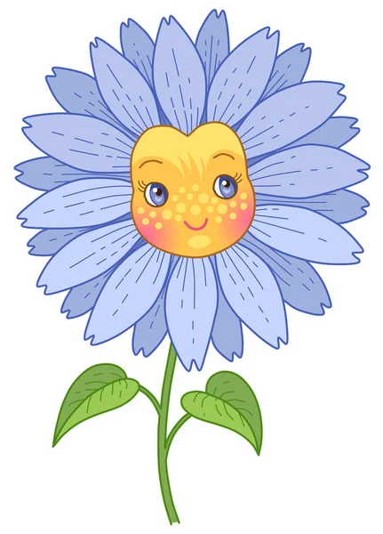 Blue Flower Has Funny Face Eyes Cute Cartoon Character Isolated — Stock Vector