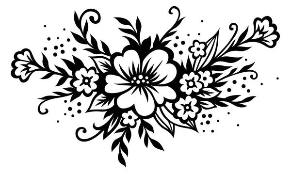 Ramo Floral Estilizado Composición Decorativa Flores Hojas Ramitas Vector Negro — Vector de stock