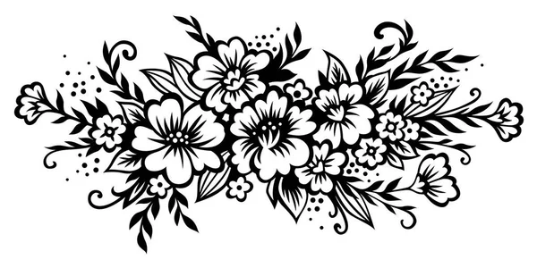 Ramo Floral Estilizado Composición Decorativa Flores Hojas Ramitas Vector Negro — Archivo Imágenes Vectoriales