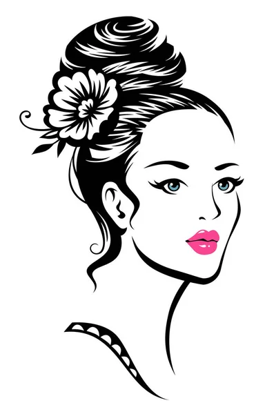 Young Beautiful Girl Elegant Hairdress Flower Her Hair Black Illustration — Stock Vector