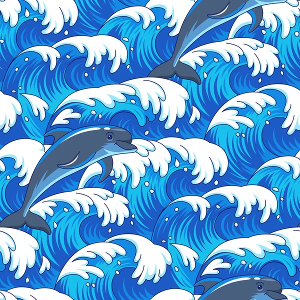 Синее Бурное Море Прыгающие Дельфины Бесшовный Рисунок Текстиля Десига — стоковый вектор