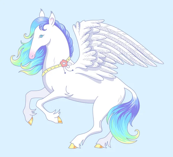 Elegante Pegasus Bianco Poggia Sulle Zampe Posteriori Pegaso Criniera Blu — Vettoriale Stock