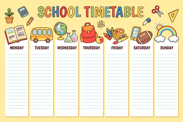 Horario Para Escuela Primaria Plantilla Planificador Semanal Con Objetos Escolares — Vector de stock