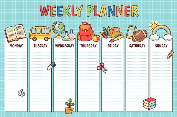 Weekly Planner För Grundskolan Söt Mall Med Tecknad Skolan Föremål — Stock vektor