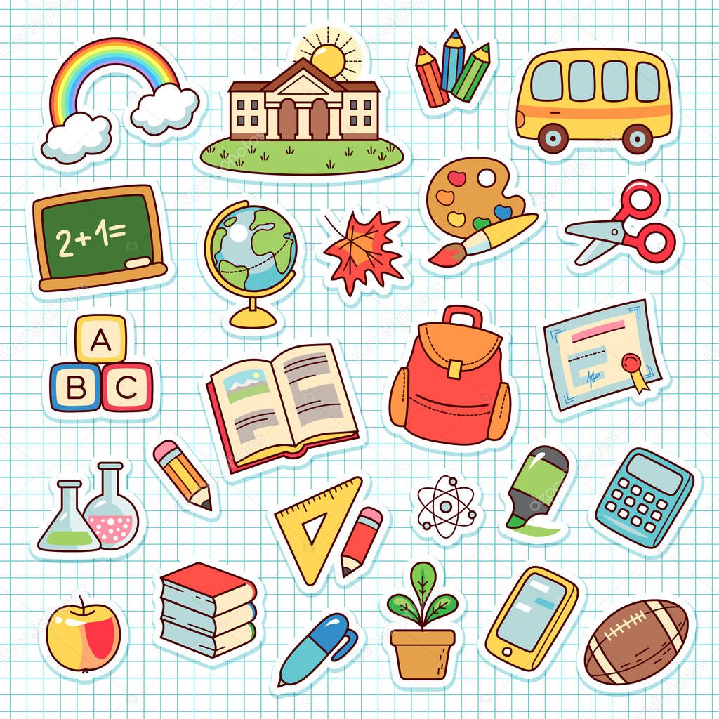 Set of cartoon objects for elementary school. Collection cute stickers on checkered backgroun
