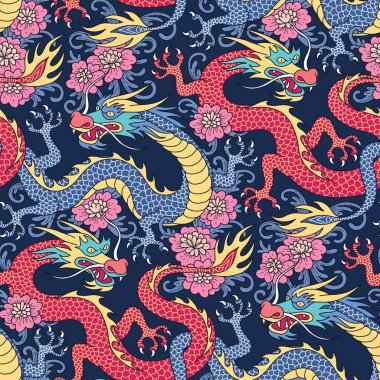 Mavi ve kırmızı ejderha koyu mavi zemin üzerine pembe çiçekler mücadele. Tekstil ve decoratio için seamless modeli