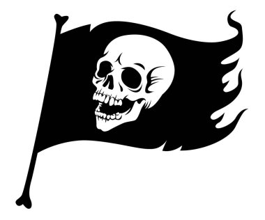 Korsan bayrağı, insan kafatası gülüyor ile. Jolly Roger, stilize siyah illüstrasyon izole beyaz arka plan üzerinde