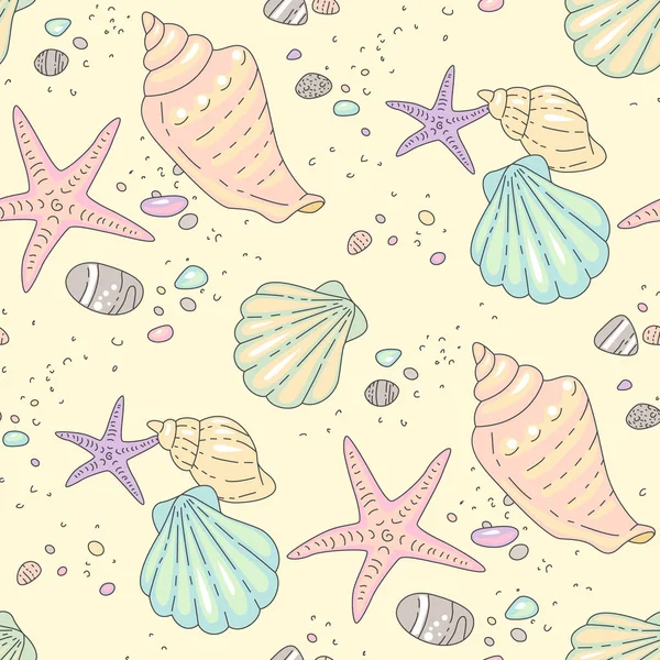 多色的贝壳 海星和卵石在沙滩上 黄色背景下的卡通风格插图 纺织品和花样无缝模式 — 图库矢量图片