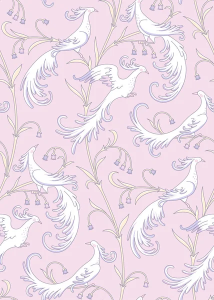 Pájaros Fantasía Blancos Jardín Floral Sobre Fondo Rosa Patrón Elegante — Vector de stock