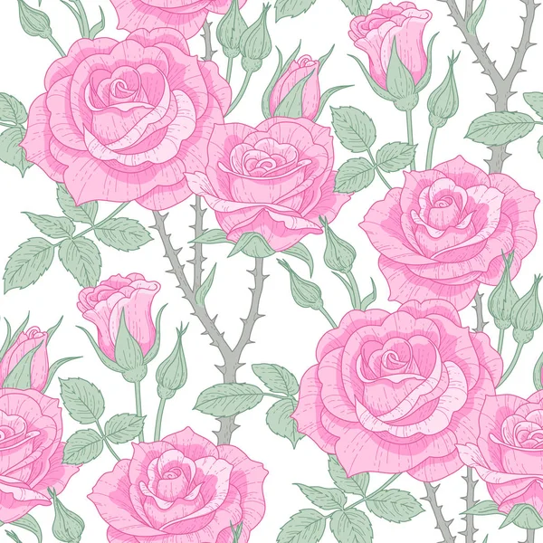 Patrón Floral Sin Costuras Con Rosas Rosadas Sobre Fondo Blanco — Archivo Imágenes Vectoriales
