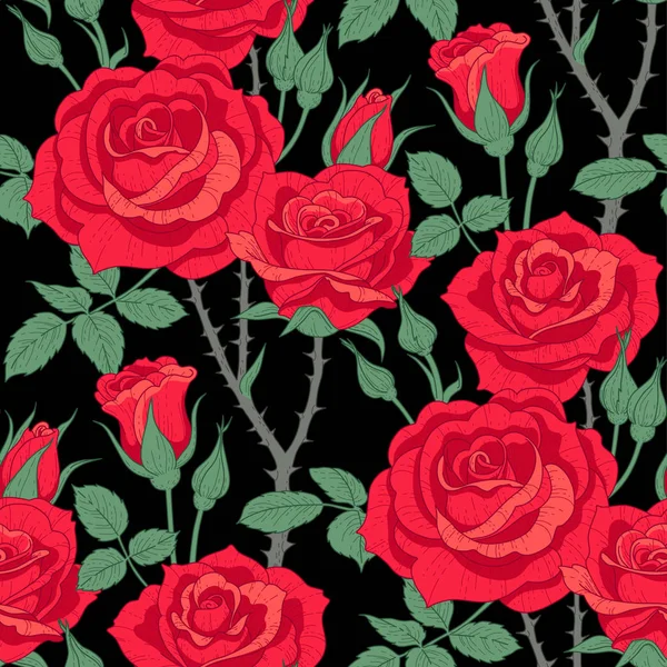 Siyah Zemin Üzerine Kırmızı Gül Çiçek Seamless Modeli Provence Stili — Stok Vektör
