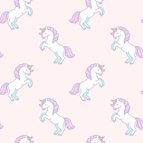 Cute White Unicorns Light Pink Background Seamless Pattern Textile Design — Stock Vector