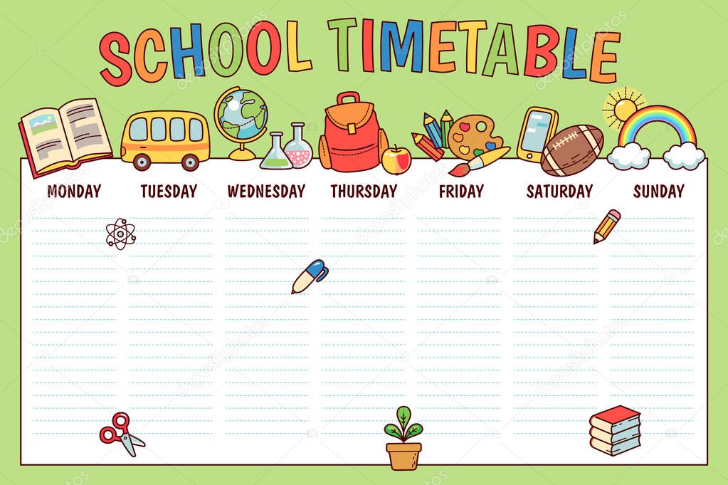 Timetable for elementary school. Weekly planner template with  cartoon school objects and symbols on green backgroun