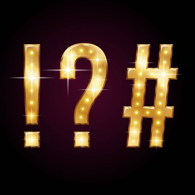 Ünlem işareti, soru ve parlak LED'ler ile hashtag altın parlayan sembolleri. Tasarımınız üzerinde karanlık adam için göz alıcı alfabesi