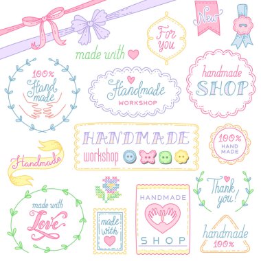 Etiketleri ve el yapımı teşviki için nesneleri kümesi. Beyaz adam izole sevimli tasarım öğeleri