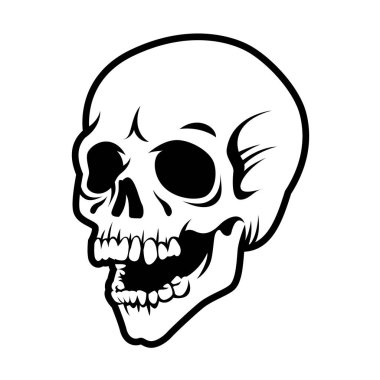 İnsan kafatası gülüyor, stilize graffity stil üzerinde beyaz adam izole, siyah illüstrasyon