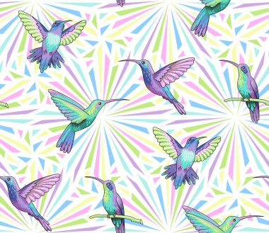 Sinek kuşlarının ışık soyut geometrik arka plan üzerinde uçan. Tekstil ve tasarı için seamless modeli