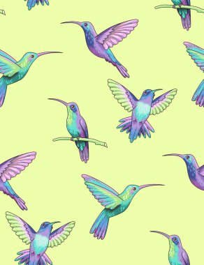 Sarı-yeşil arka plan üzerinde uçan sinek kuşlarının. Tekstil ve tasarı için seamless modeli