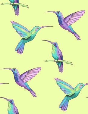 Sarı-yeşil arka plan üzerinde uçan sinek kuşlarının. Tekstil ve tasarı için seamless modeli