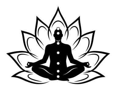 Lotus pozisyonda oturan bir meditasyon adam silüeti. Beyaz arka plan üzerinde izole siyah soyut siluet