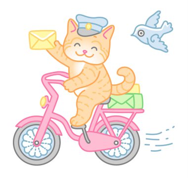 Mutlu postacı kedi bir bisiklet sürmek ve bir sarı posta zarf tutar. Beyaz adam izole karikatür tarzı sevimli karakteri