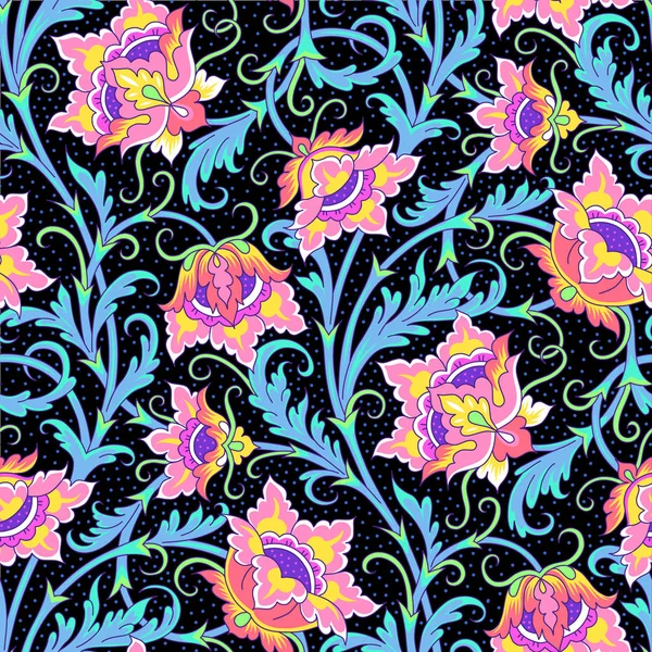 Квітковий Безшовний Візерунок Елегантний Орнамент Яскравими Фантастичними Квітами Чорному Тлі — стоковий вектор