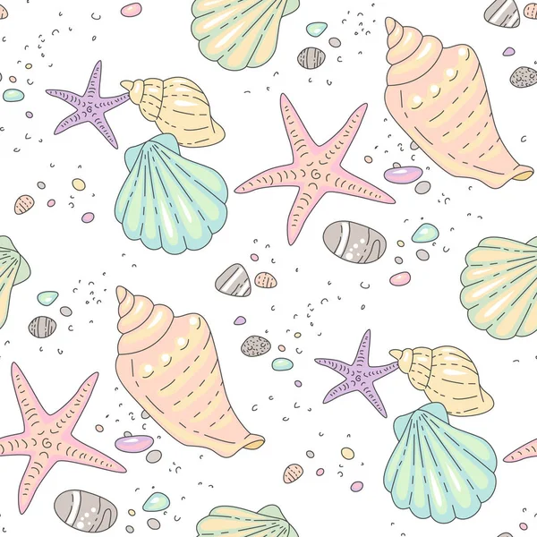 Conchas Marinas Multicolores Estrellas Mar Guijarros Playa Arena Ilustración Estilo — Vector de stock