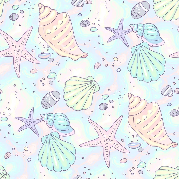 Многоцветные Ракушки Морские Звезды Галька Песчаном Пляже Иллюстрация Мультипликационного Стиля — стоковый вектор