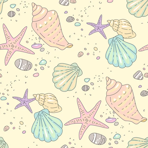 Coquillages Multicolores Étoiles Mer Galets Sur Plage Sable Illustration Style — Image vectorielle