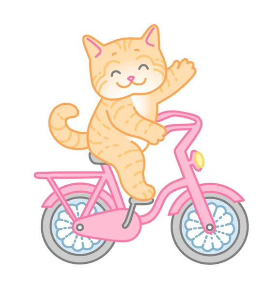 Happy Red Cat Rides Pink Bike Cute Illustration Cartoon Style — Stock Vector