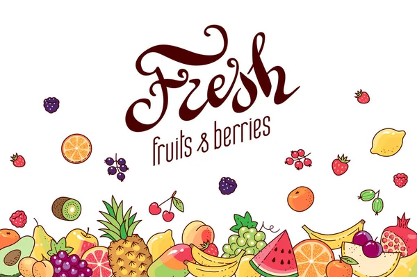 Variedad Frutas Bayas Sobre Fondo Blanco Concepto Fondo Con Letras — Vector de stock