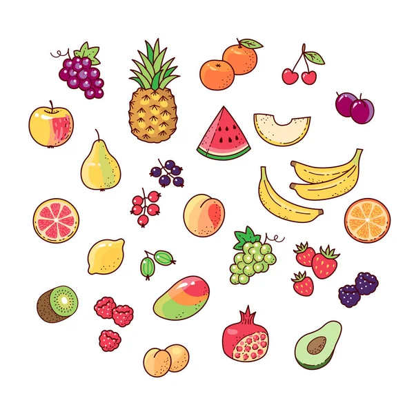 Set Cartoon Icons Isolated White Background Collection Fruits Berries Design — Stock Vector