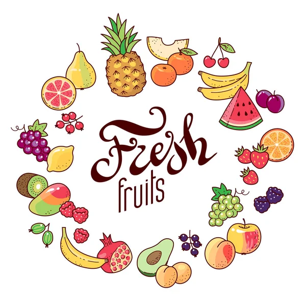 Collection Fruits Berries Lettering Fresh Fruits Design Decoration Vector Illustration — Stock Vector