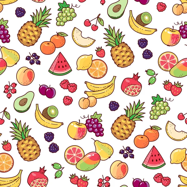 Cartoon Früchte Und Beeren Auf Weißem Hintergrund Nahtlose Muster Für — Stockvektor
